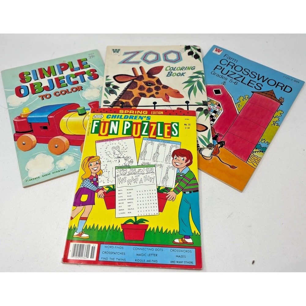 Vintage Whitman Coloring & Puzzle Books Lot of 4 Zoo Farm Simple Objects Fun